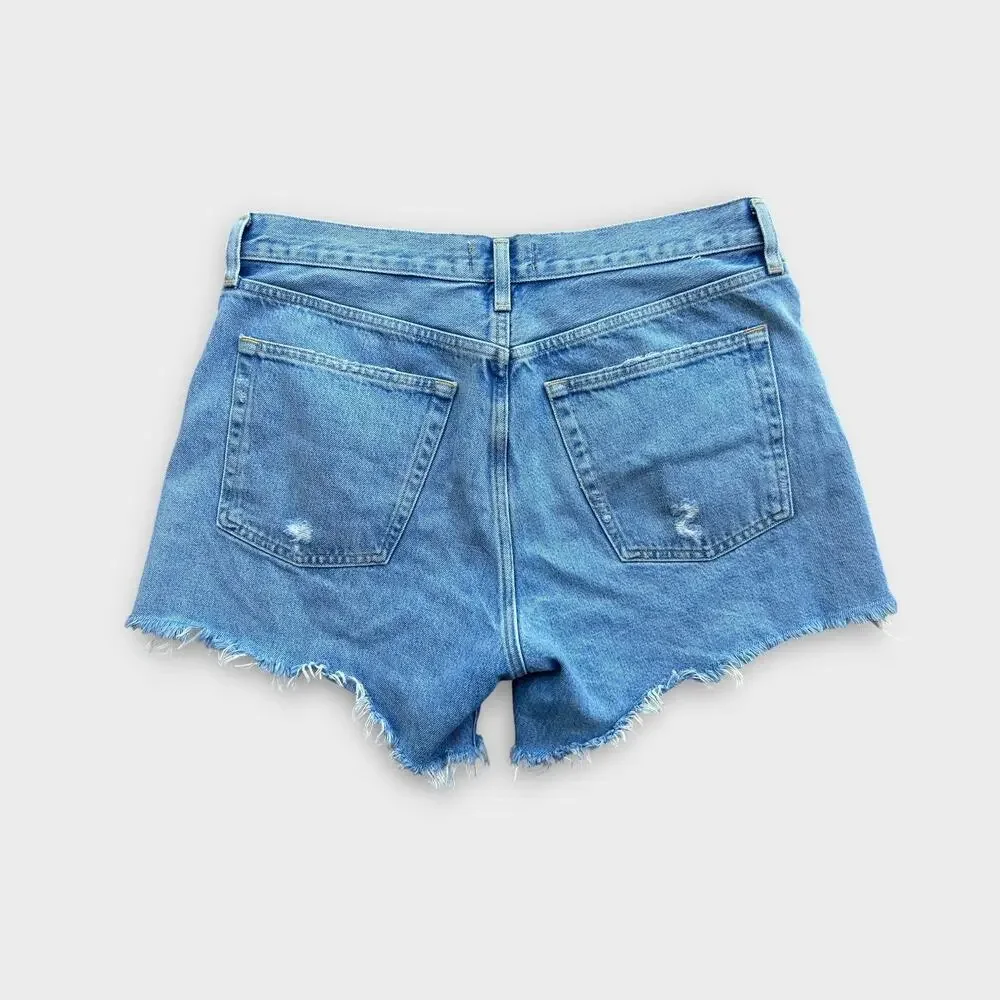 AGOLDE Parker Long Denim Shorts Women’s 29 Blue Distressed Raw Hem 100% Cotton